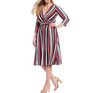 London Times Striped Ruched Waist Jersey Dress